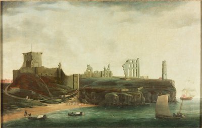 Figures and Bathing Machines in the Bay below Tynemouth Castle by Ralph I Waters